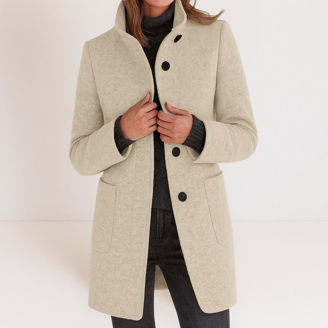 White wool-look coat with stand collar
