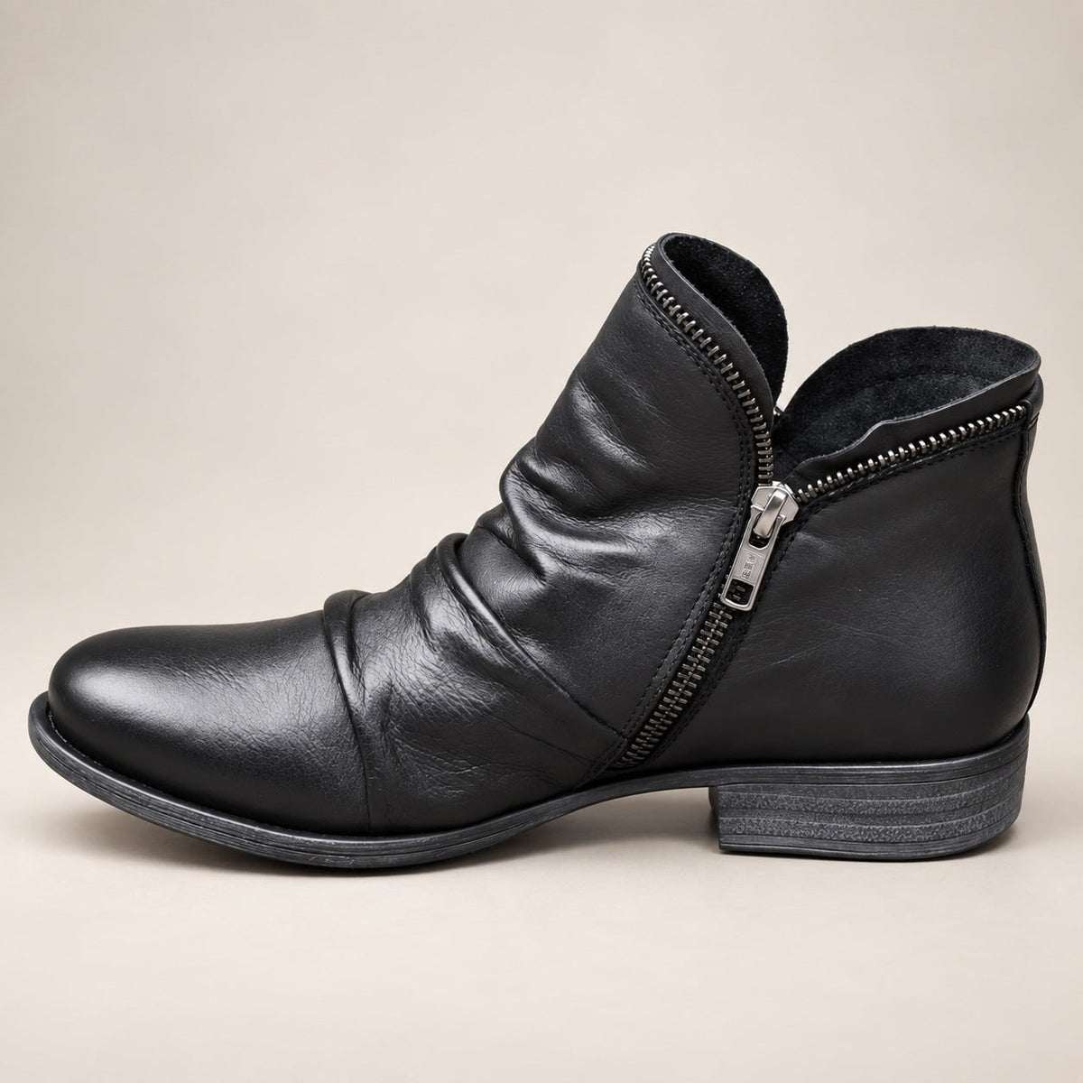 Black ankle boots with side zip, side view