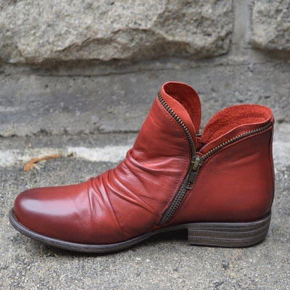 Red ankle boots with side zip close-up