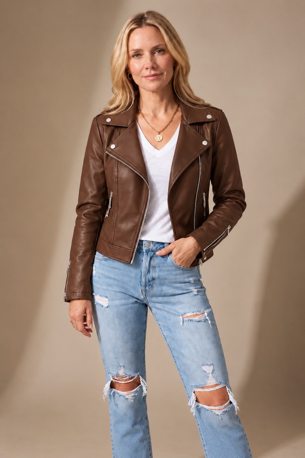 Brown faux leather moto jacket