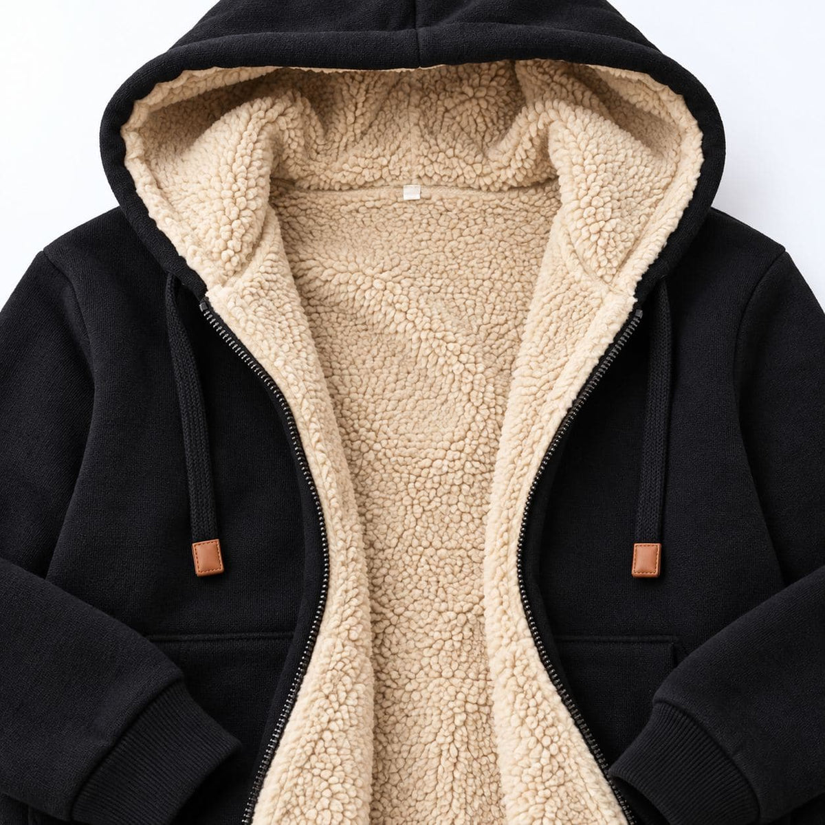Close-up of the sherpa fleece lining inside the hood