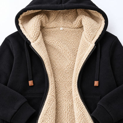Close-up of the sherpa fleece lining inside the hood