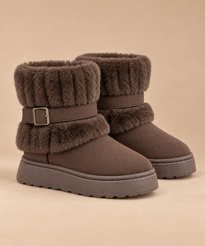 Coffee brown fur-trimmed slip-on winter snow boots