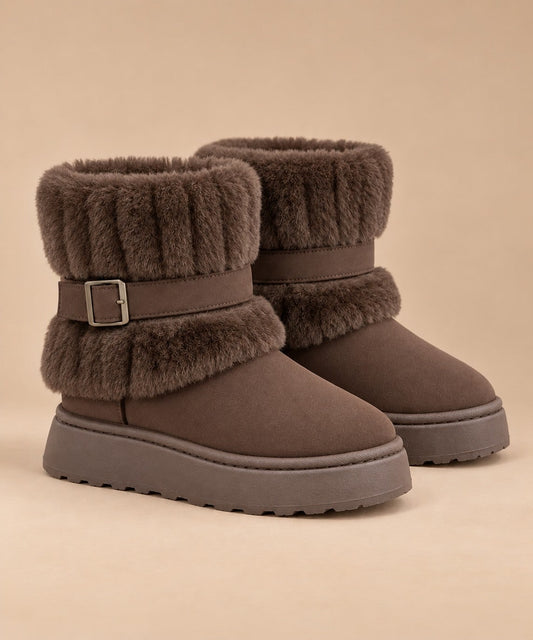Coffee brown fur-trimmed slip-on winter snow boots