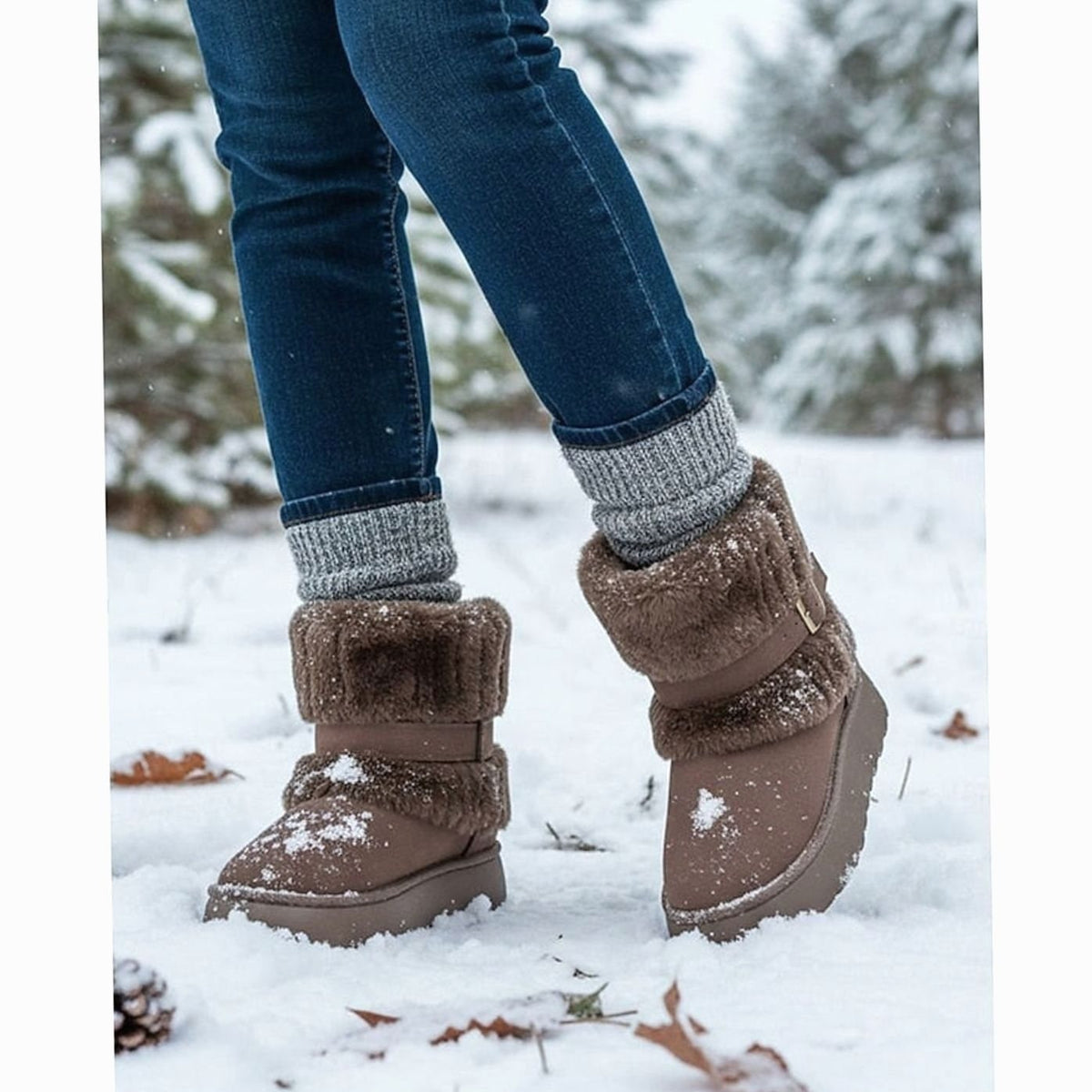 Coffee snow boots worn in the snow