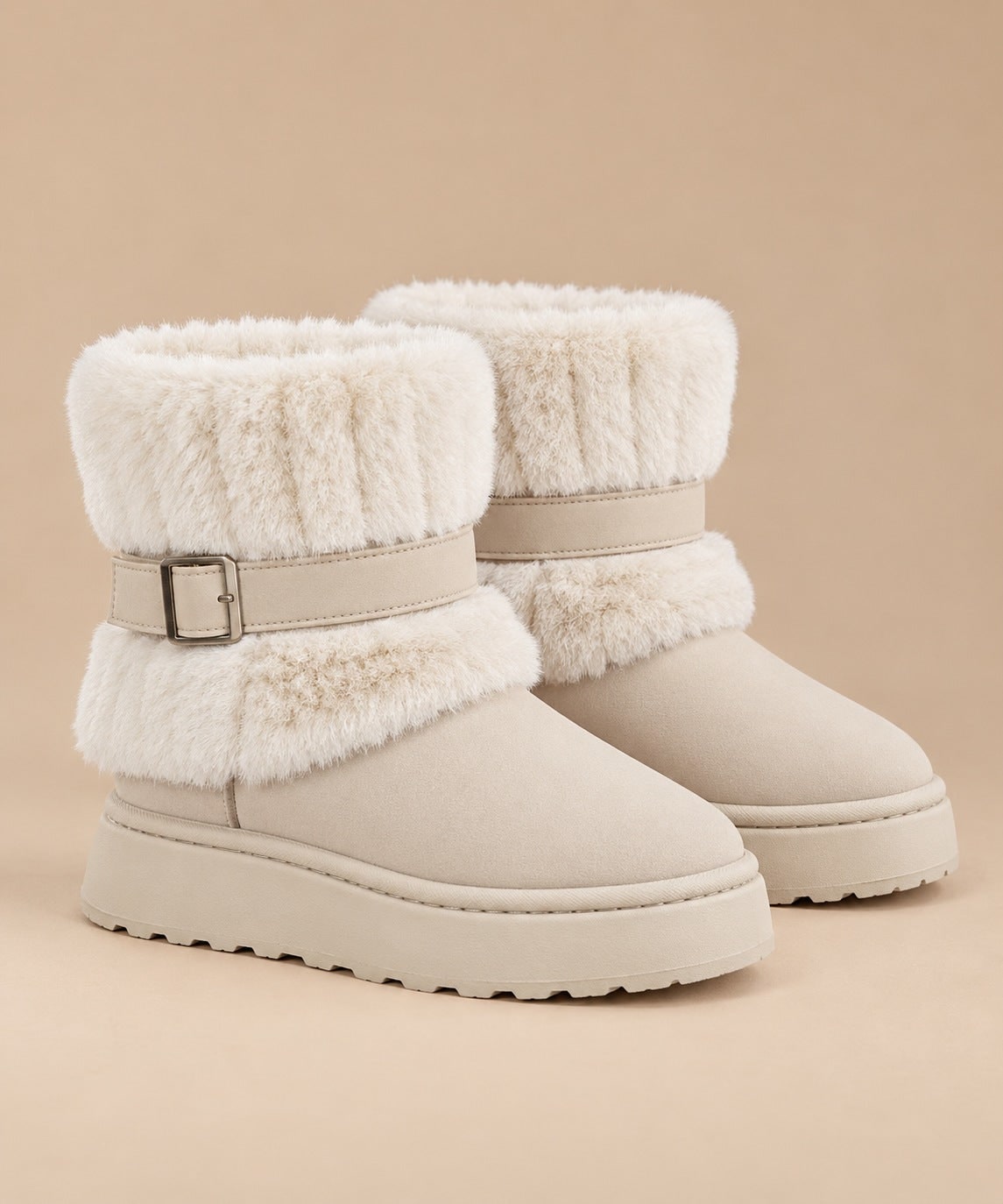 Beige fur-trimmed slip-on snow boots