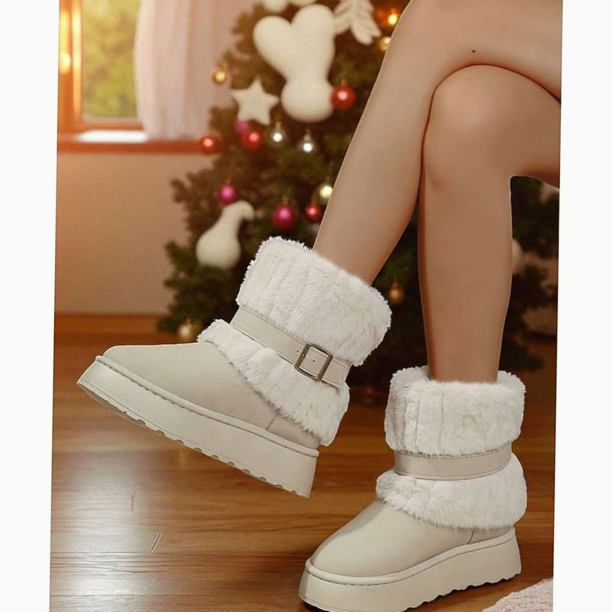 Beige snow boots, side view