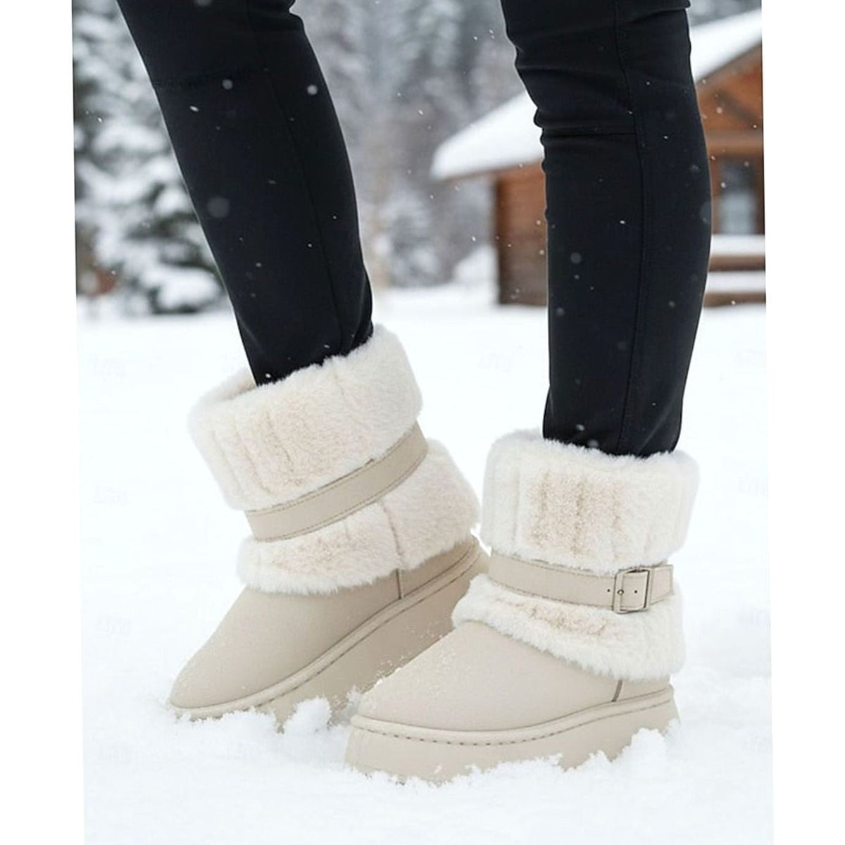 Beige snow boots worn in the snow