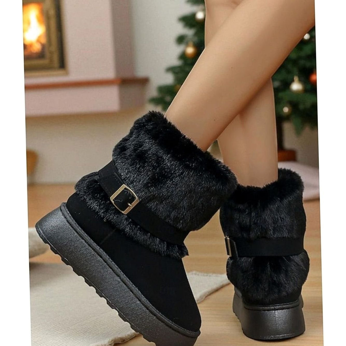 Black snow boots worn indoors