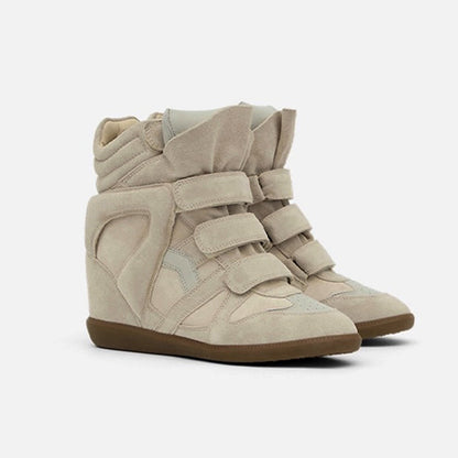 Beige hidden wedge sneakers, side view