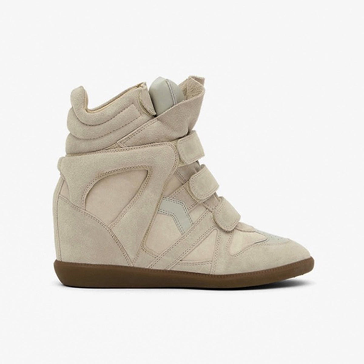 Beige hidden wedge sneakers, three-quarter view