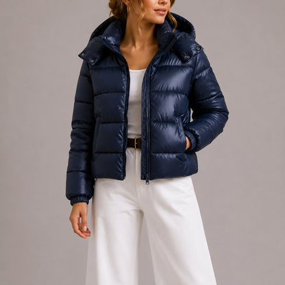Navy hooded puffer jacket, front view