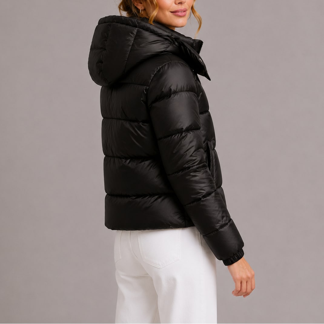 Black hooded puffer jacket, back view