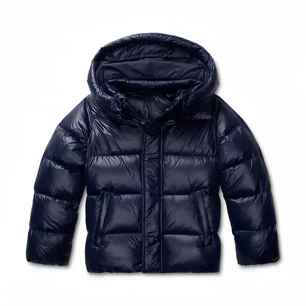 Navy puffer jacket, front on white