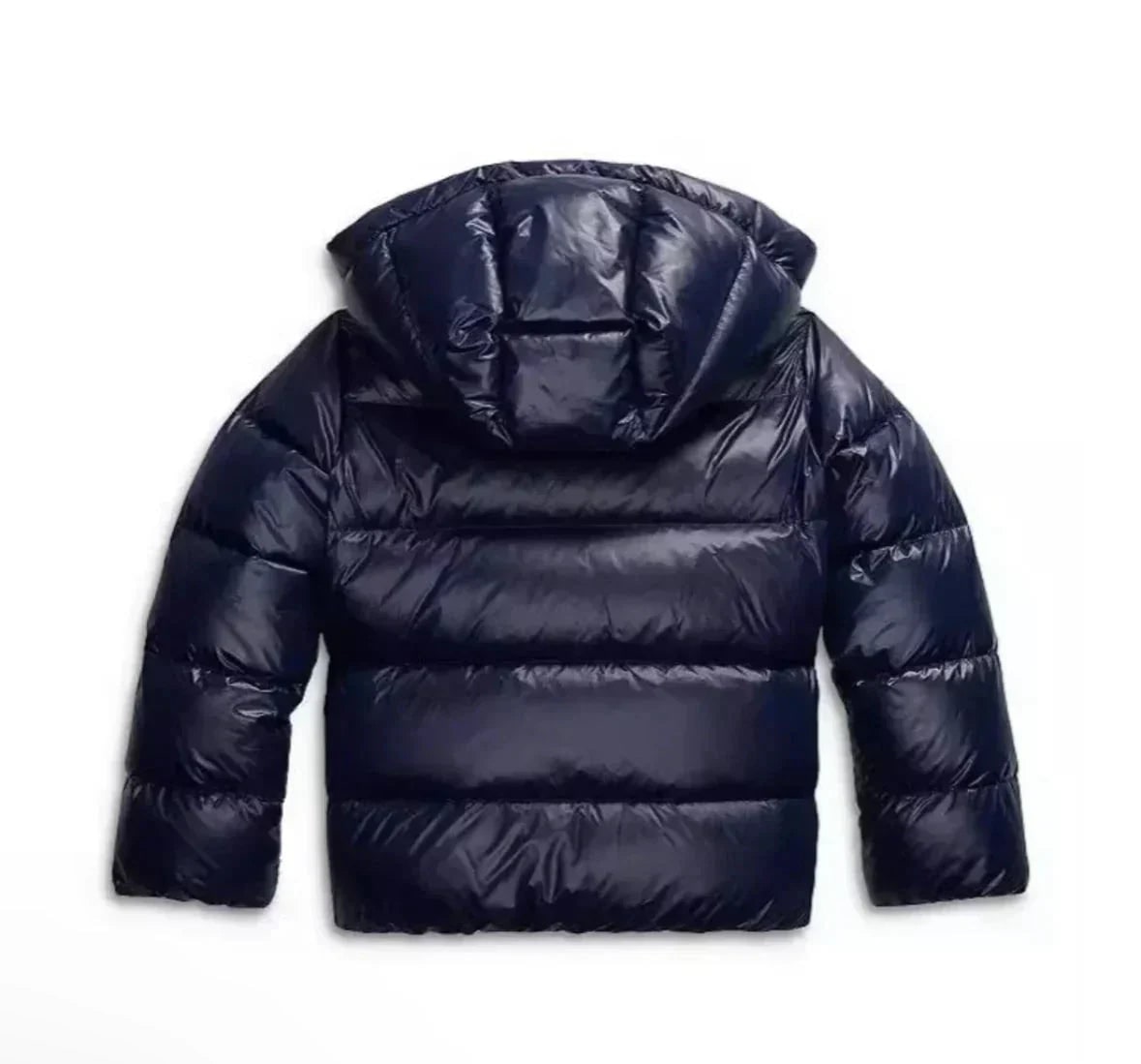 Navy puffer jacket, back on white
