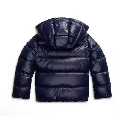 Navy puffer jacket, back on white