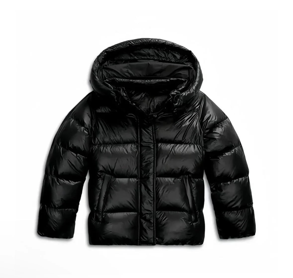 Black puffer jacket, front on white