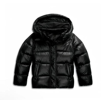 Black puffer jacket, front on white