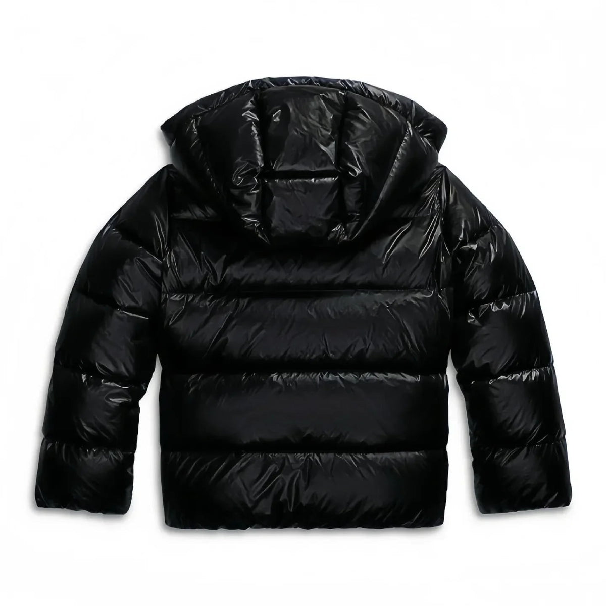 Black puffer jacket, back on white