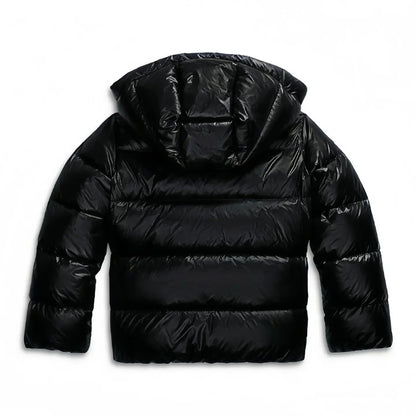 Black puffer jacket, back on white