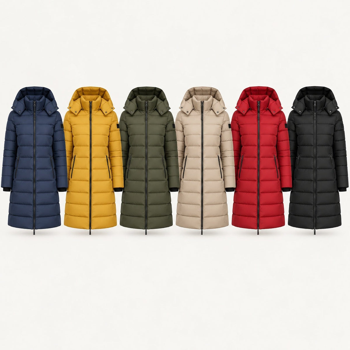 Long hooded puffer coat in six colours