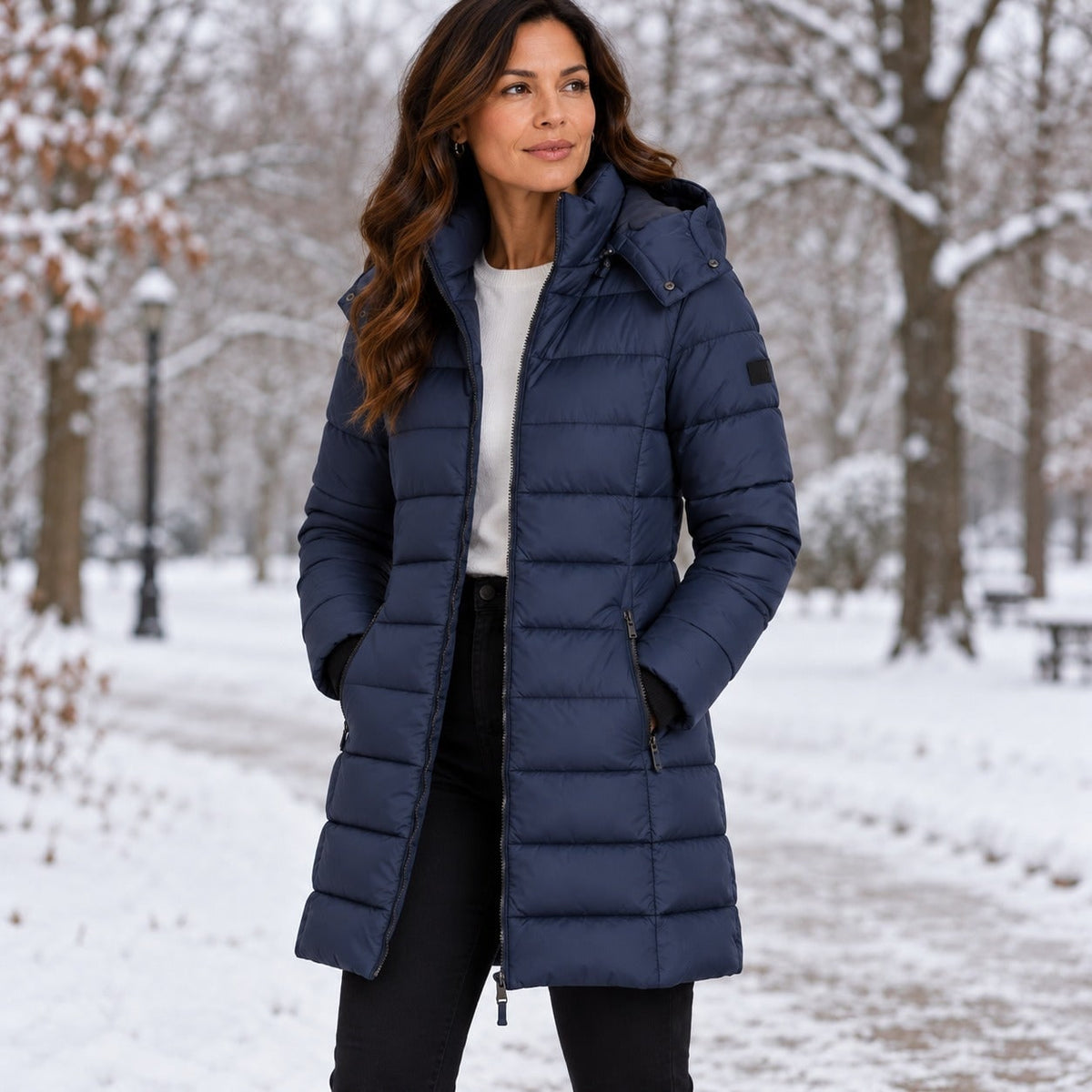 Navy puffer coat worn in a snowy park