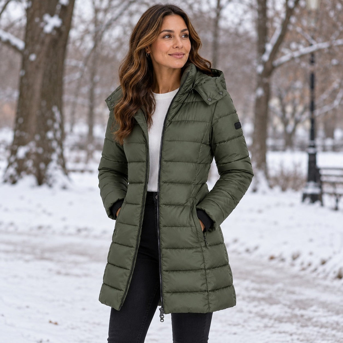 Green puffer coat worn in a snowy park