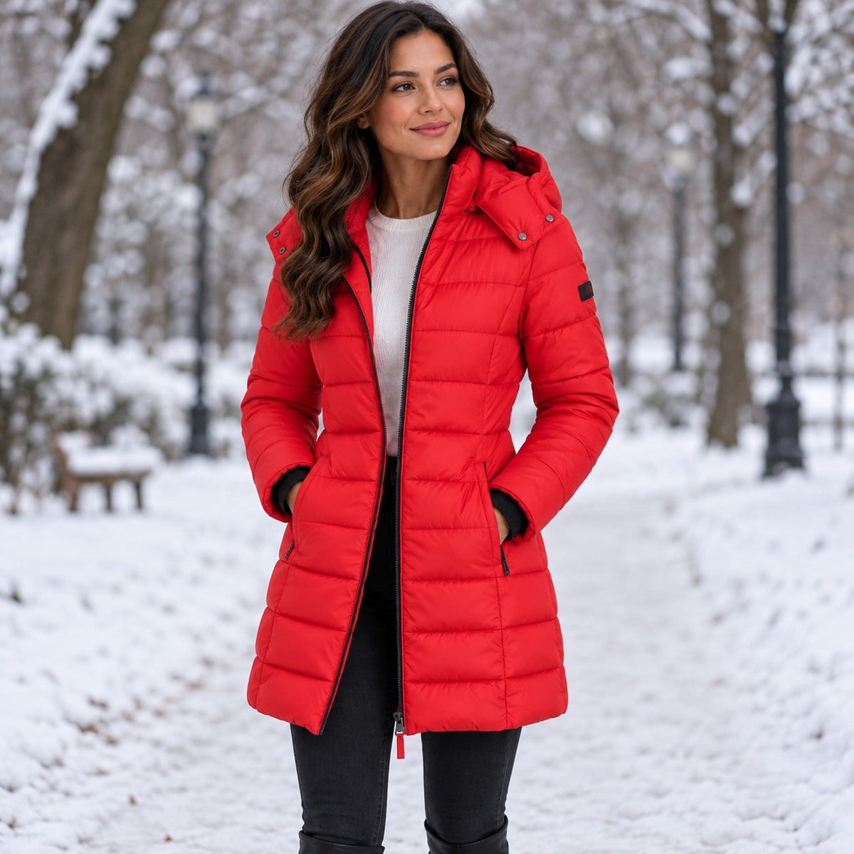 Red puffer coat worn in a snowy park