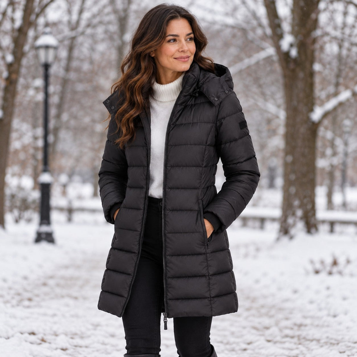 Black puffer coat worn in a snowy park