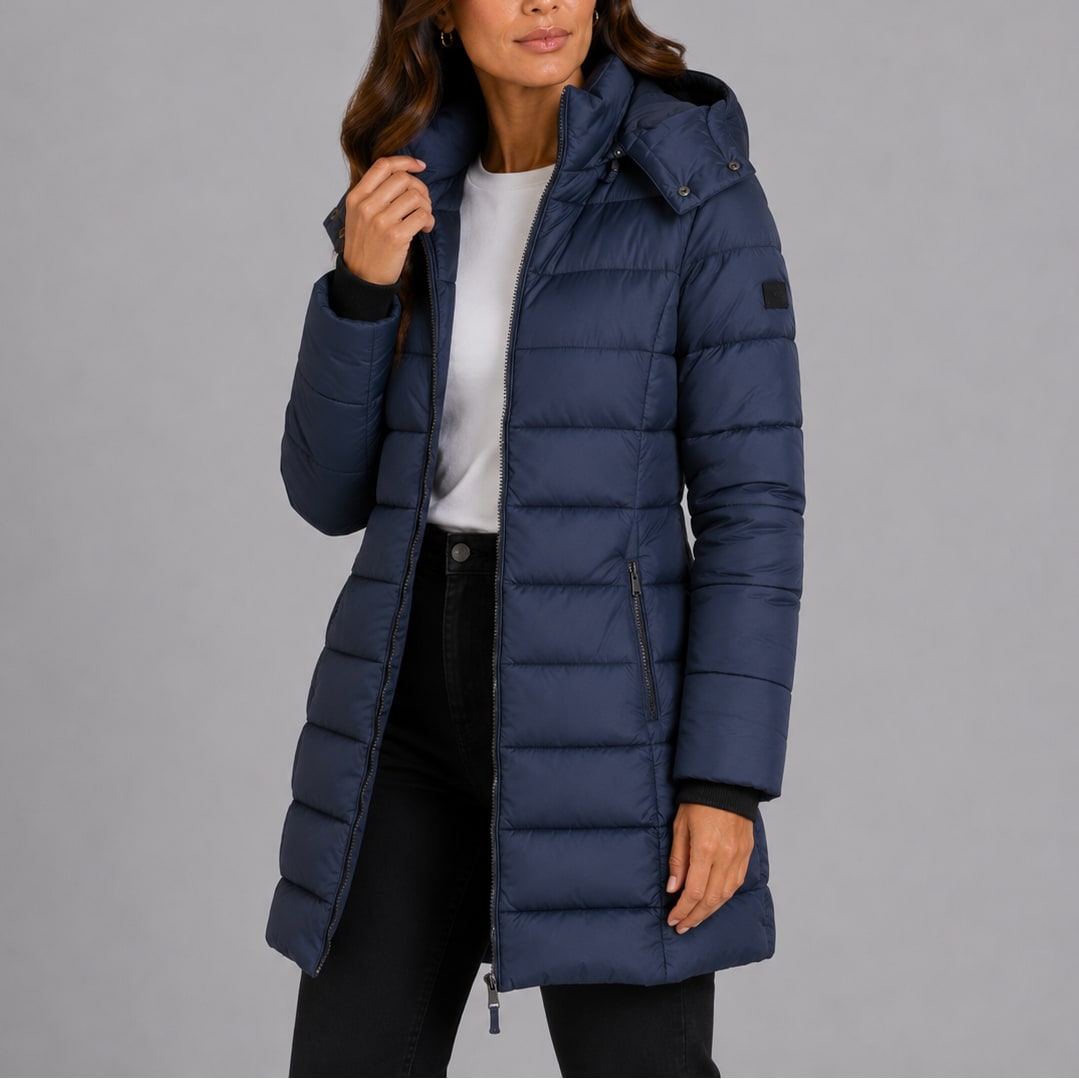 Navy puffer coat, front view with hand in pocket