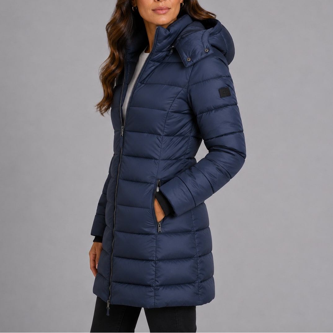 Navy puffer coat, side view with hood