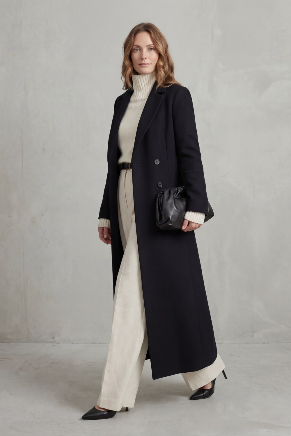 Black long tailored coat, walking
