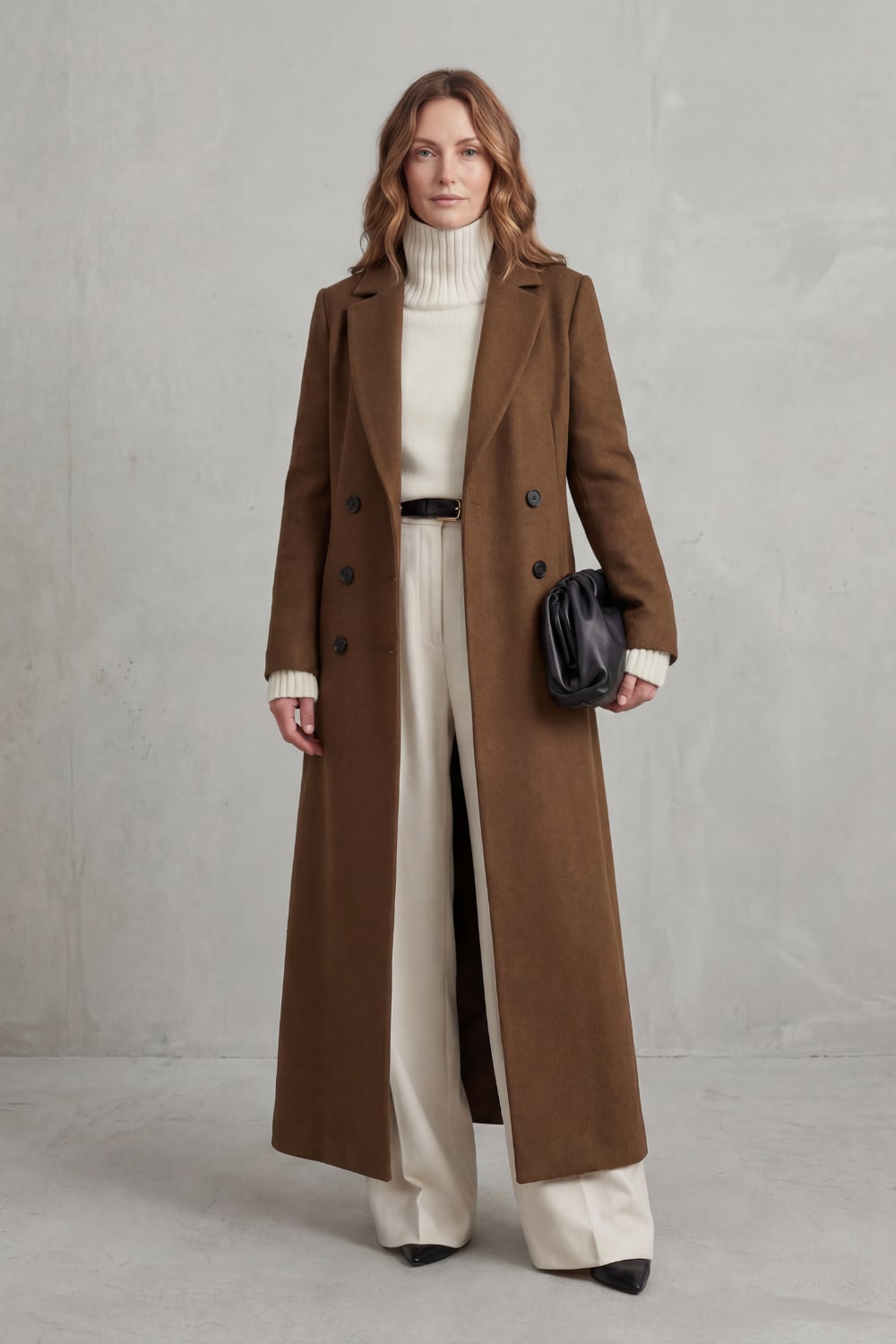 Brown long tailored coat, front view