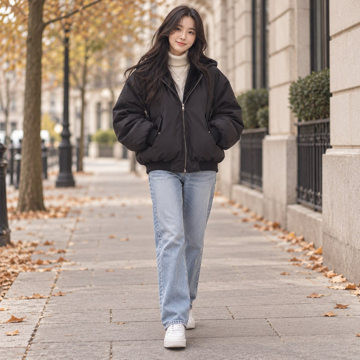 Woman walking in a black hooded jacket on a fall street