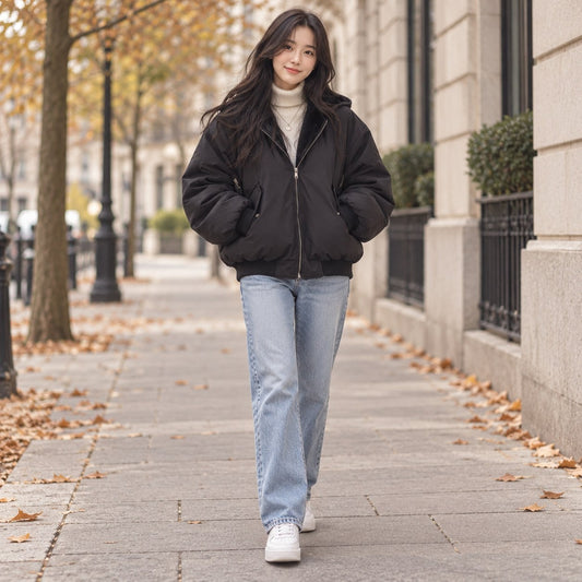 Woman walking in a black hooded jacket on a fall street