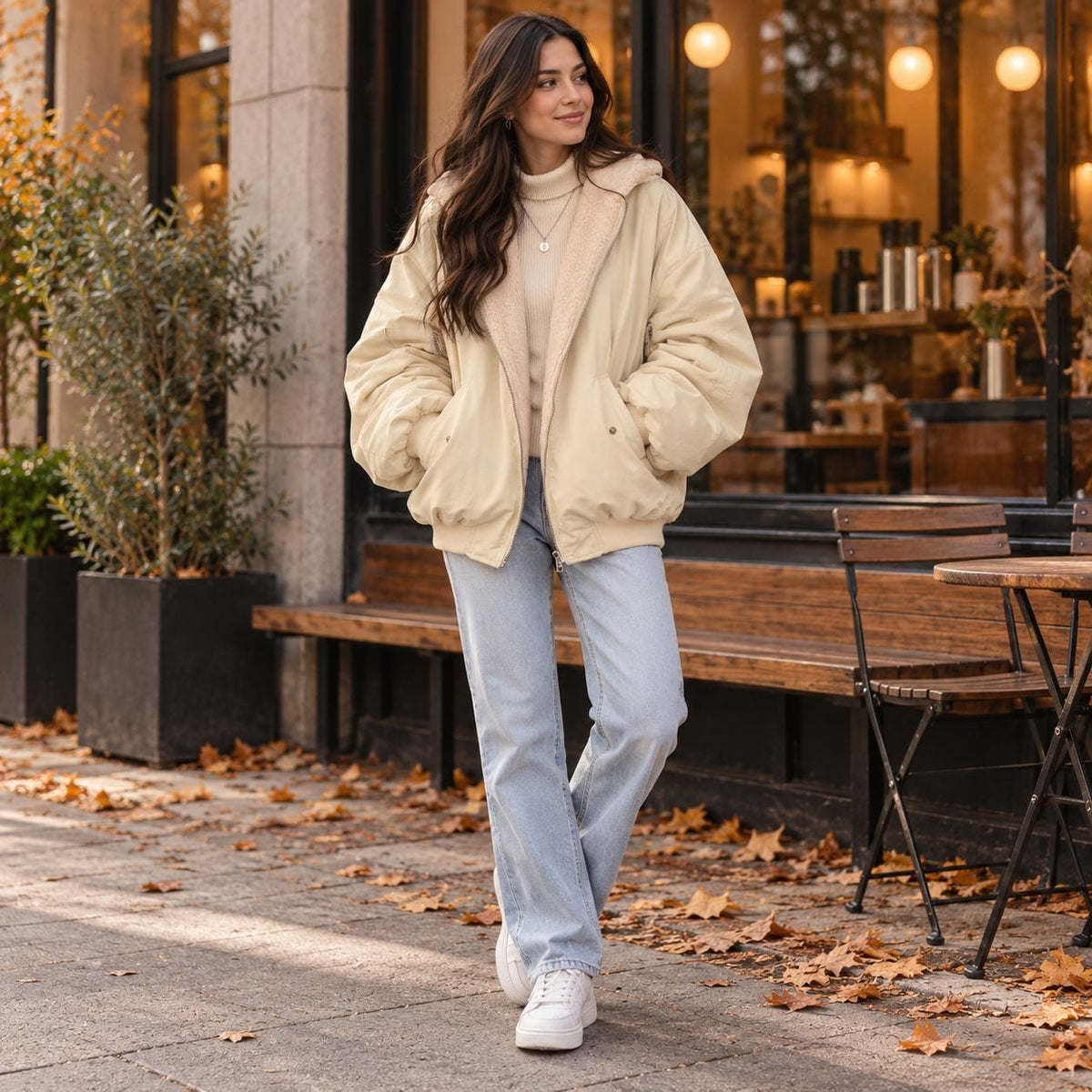 Woman wearing the beige reversible jacket with jeans