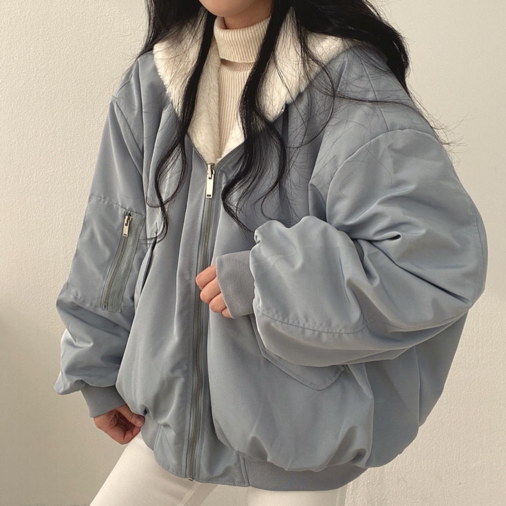 Blue jacket worn on the smooth side