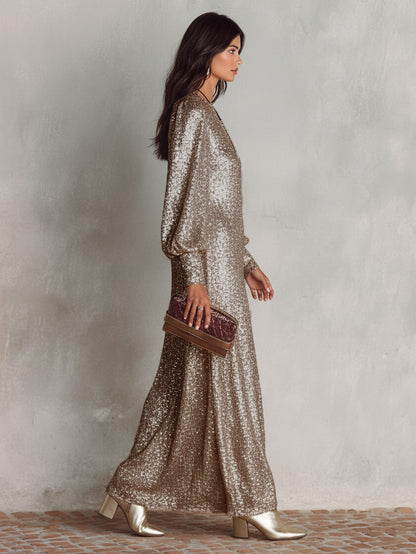 Champagne maxi gown, side view