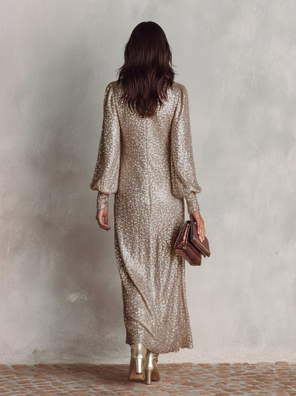 Champagne maxi gown, back view