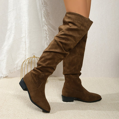 Brown over-the-knee boots with block heel