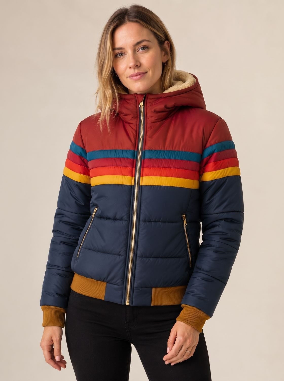 Woman wearing a navy quilted jacket with retro stripes and a sherpa-lined hood