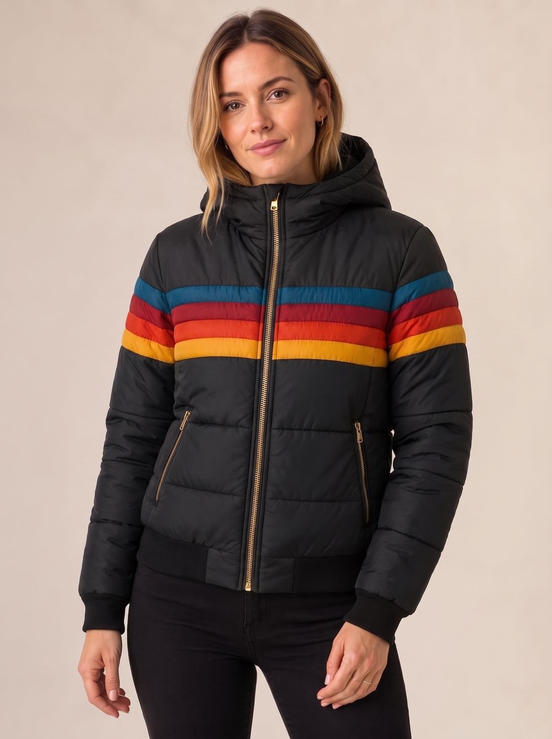 Black quilted jacket with retro stripes