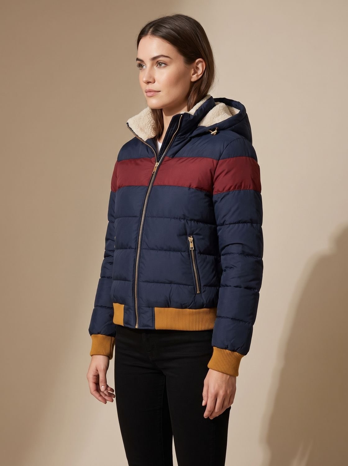 Navy quilted jacket, side view with sherpa-lined hood