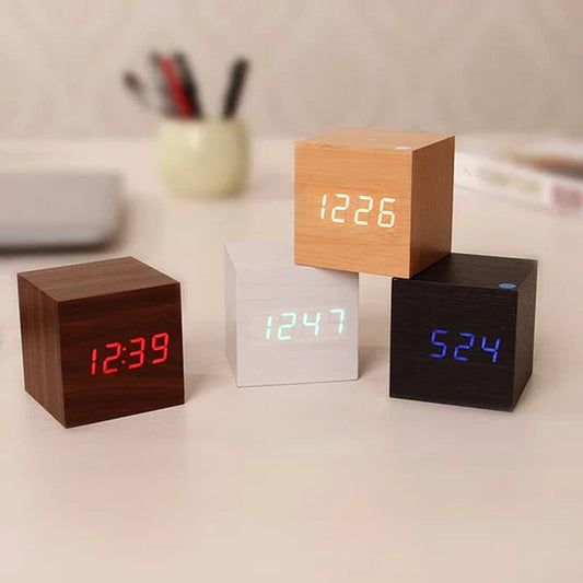 Wood Cube Digital Clock, Minimalist LED Desk Clock for Bedside and Office