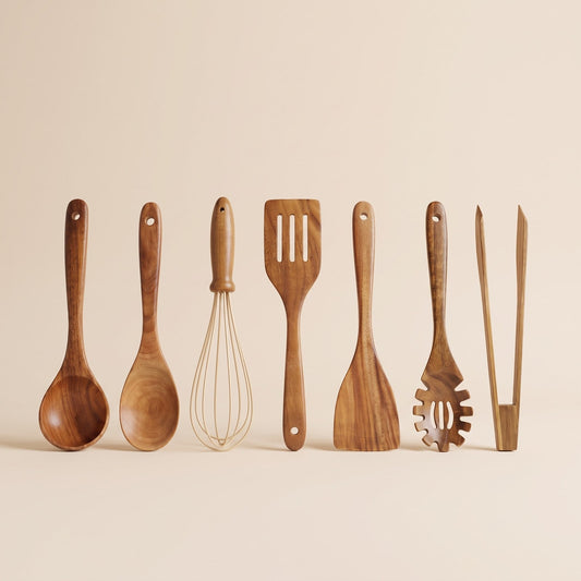 Wooden Kitchen Utensils Set of 7 with Whisk and Tongs, Teak 1
