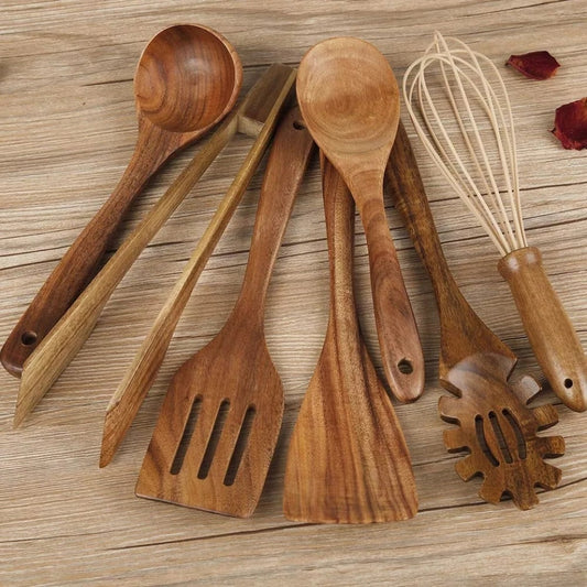 Wooden Kitchen Utensils Set of 7 with Whisk and Tongs, Teak 2