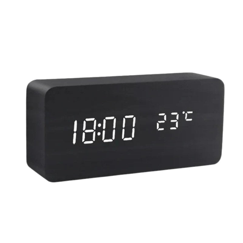 Wooden LED desk clock, black rectangle