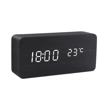 Wooden LED desk clock, black rectangle