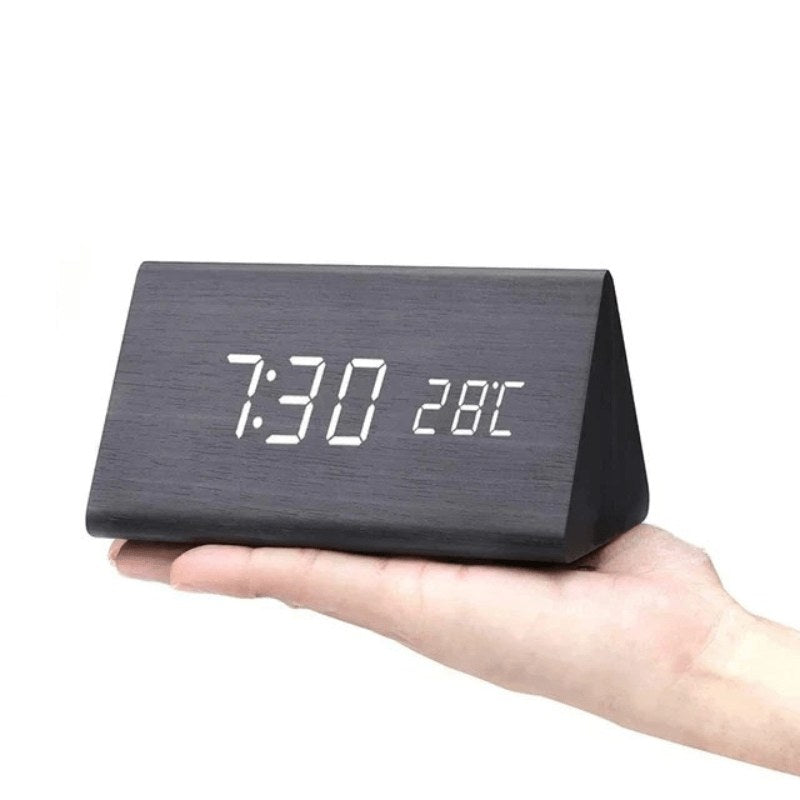 Wooden LED desk clock, black triangle