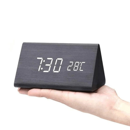 Wooden LED desk clock, black triangle